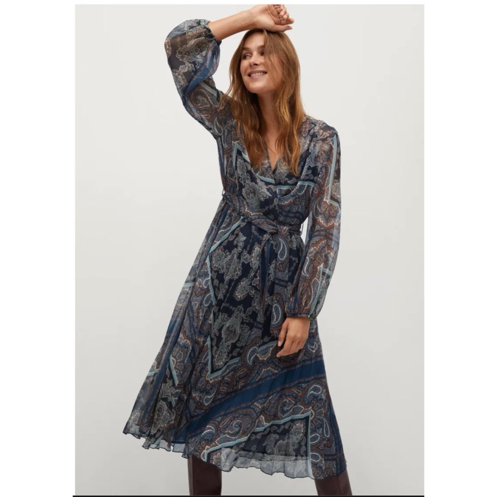 MNG Mango Paisley Wrap Dress Sheer Long Sleeve‎ Boho Midi Size Small